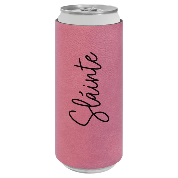 Pink can cooler with 'Sláinte' text on a white background