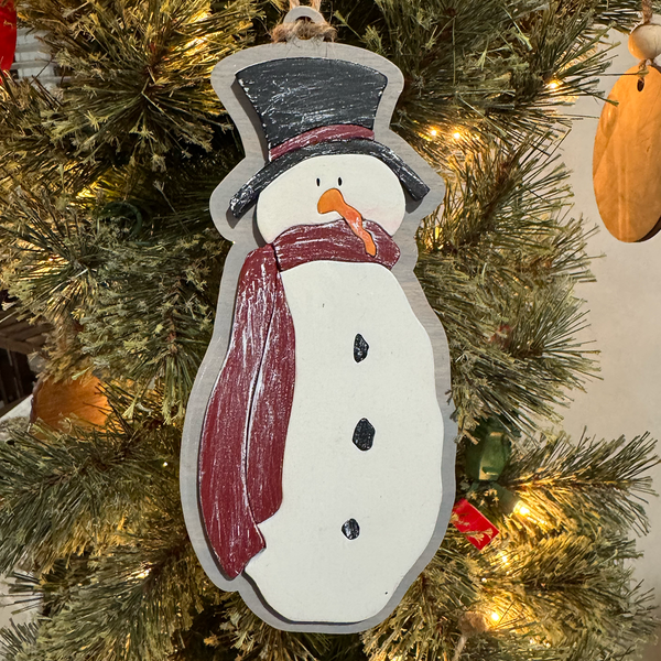 Handcrafted Wooden Snowman Ornament with Top Hat & Scarf - Rustic Christmas Decor