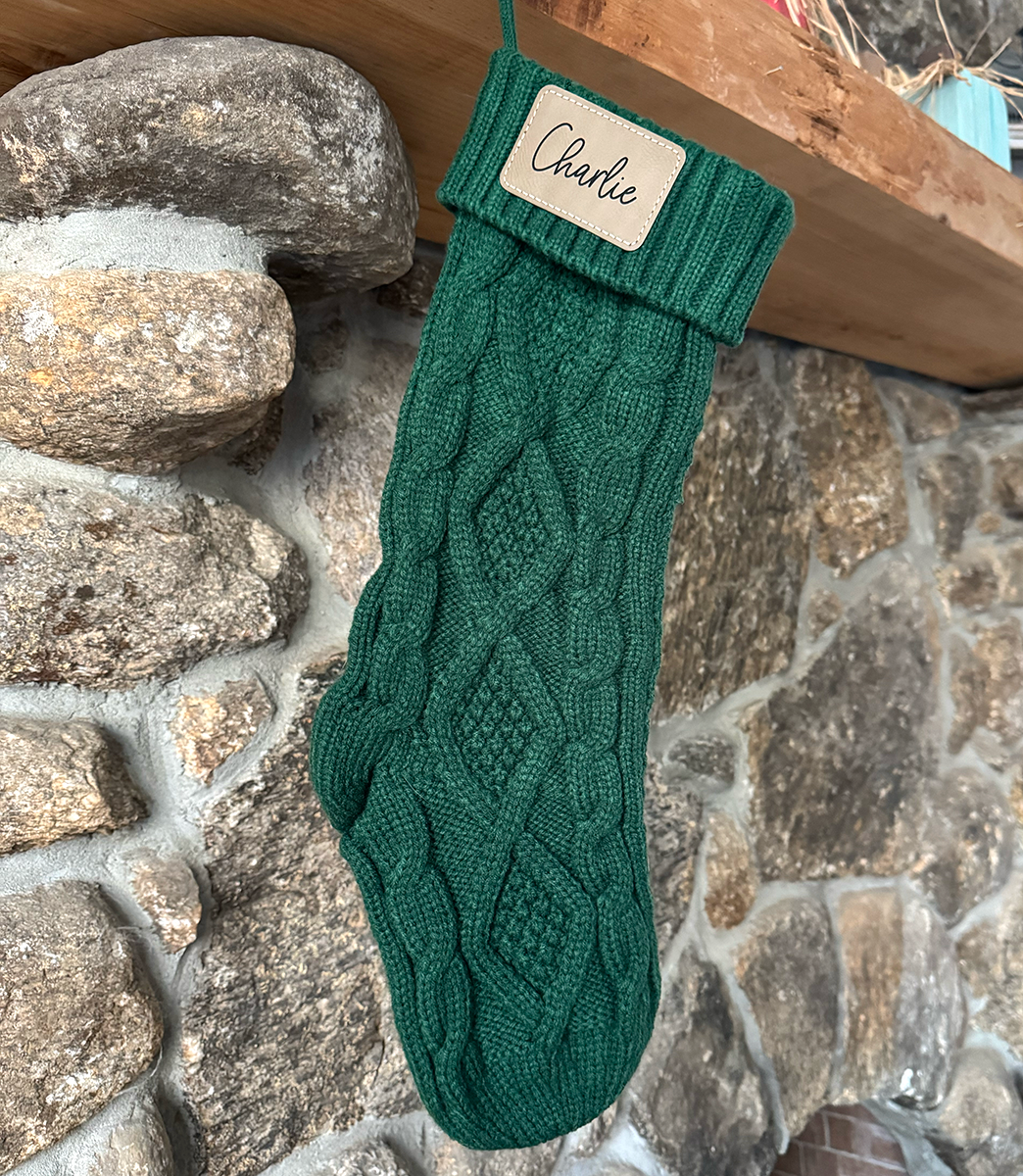 Personalized Cable Knit Christmas Stocking with Leather Patch