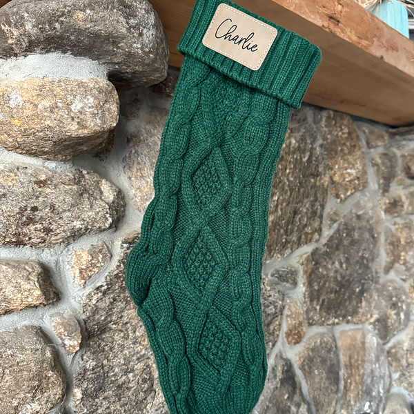 Personalized Cable Knit Christmas Stocking with Leather Patch