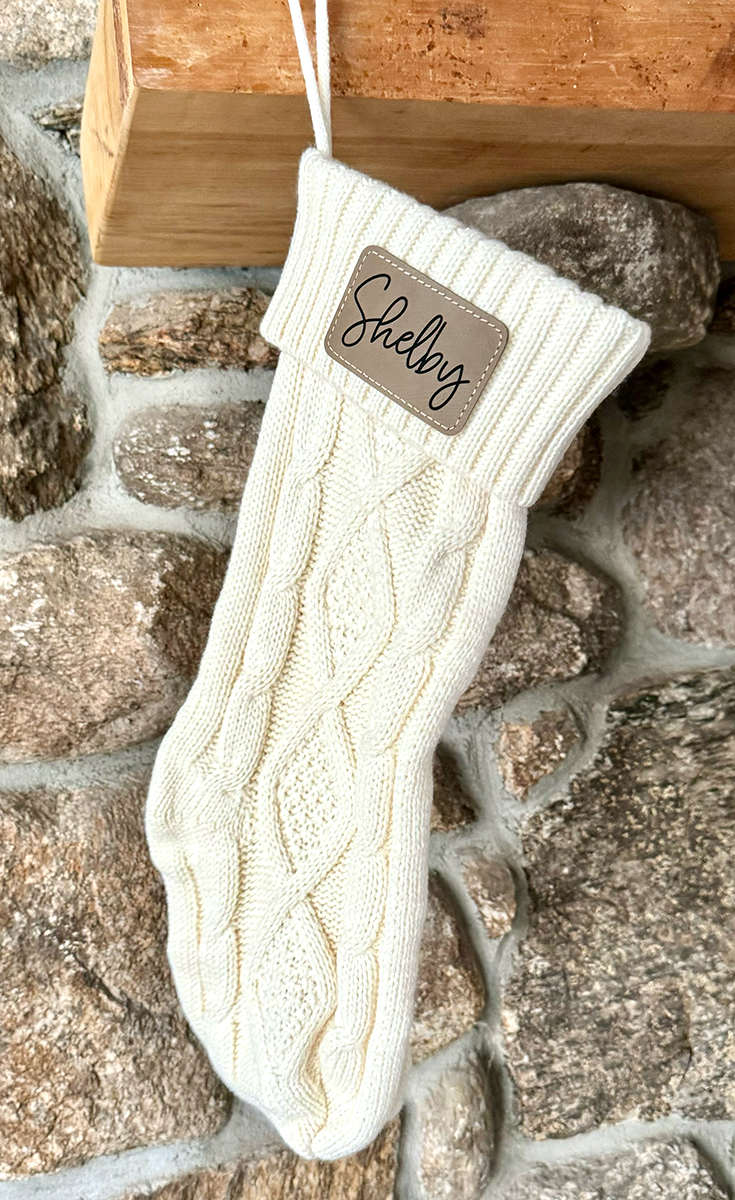 Personalized Cable Knit Christmas Stocking with Leather Patch