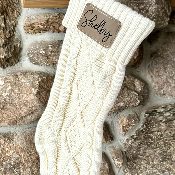 Personalized Cable Knit Christmas Stocking with Leather Patch