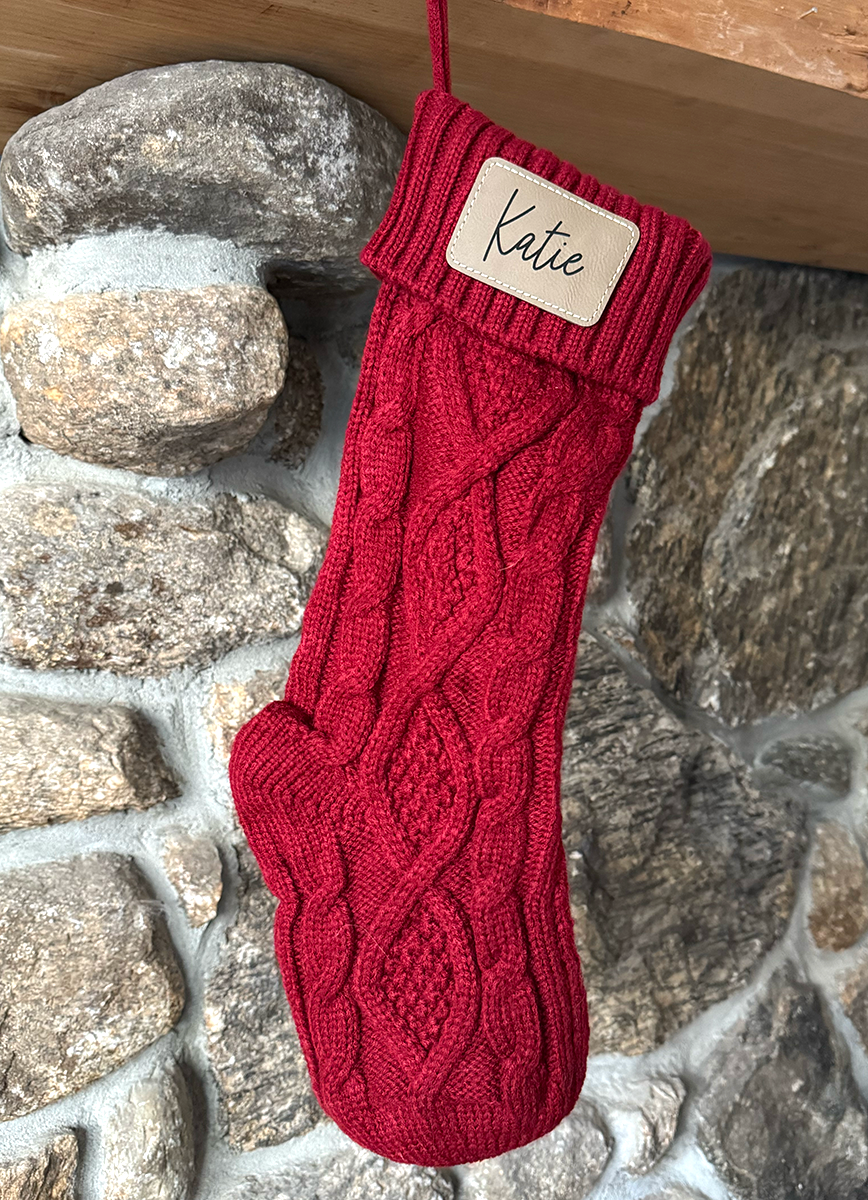 Personalized Cable Knit Christmas Stocking with Leather Patch