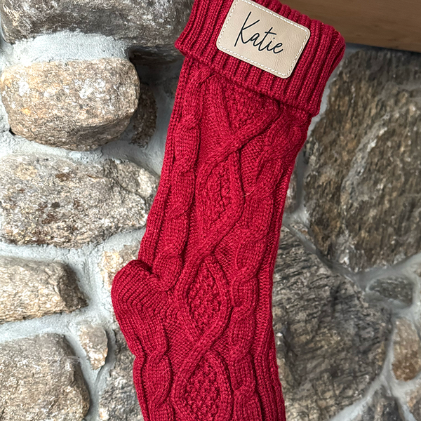 Personalized Cable Knit Christmas Stocking with Leather Patch