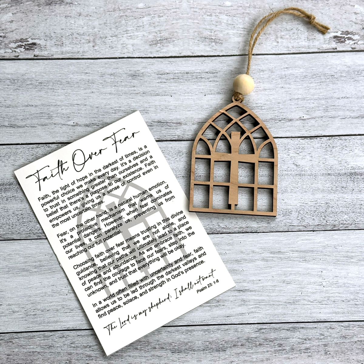 Faith Over Fear Cathedral Storyteller Ornament - Handcrafted Birch Wood