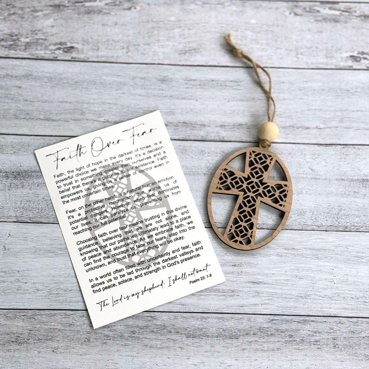 Faith Over Fear Cross Ornament - Handcrafted Birch Wood with Storyteller Card
