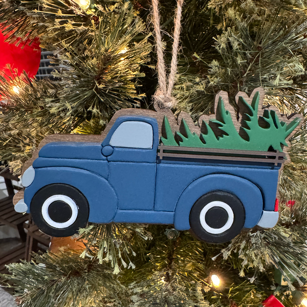 Blue Vintage Pickup Truck Christmas Ornament - Handcrafted Wood Holiday Decor