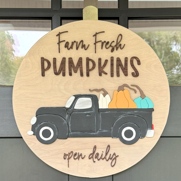 Handcrafted Fall Pumpkin Truck Sign - 18" Round Wood Door Decor