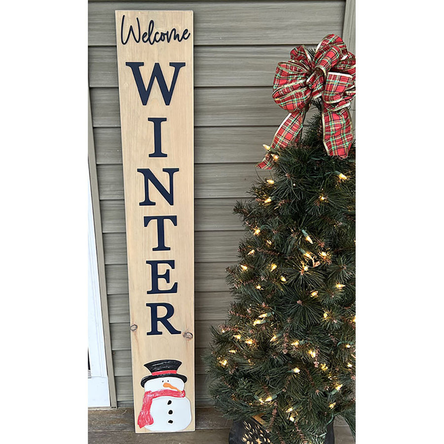 Handcrafted Welcome Winter Snowman Leaner Sign - Briarwood Finish