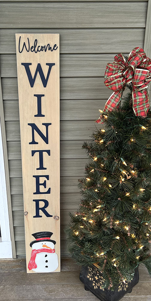 Handcrafted Welcome Winter Snowman Leaner Sign - Briarwood Finish