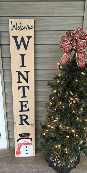 Handcrafted Welcome Winter Snowman Leaner Sign - Briarwood Finish