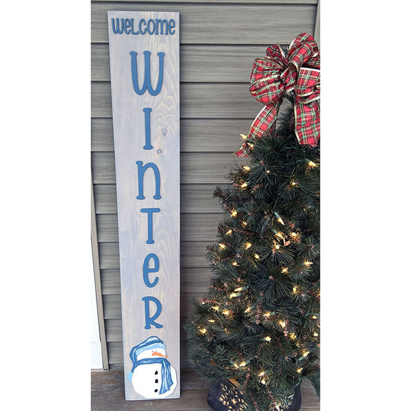 Handcrafted Welcome Winter Snowman Wood Sign - 48" Rustic Gray Leaner