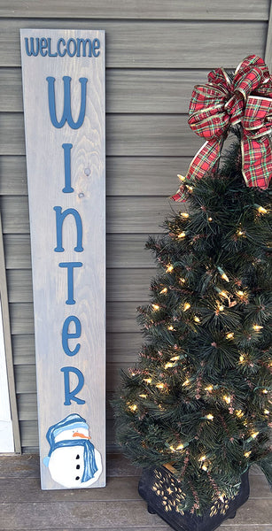 Handcrafted Welcome Winter Snowman Wood Sign - 48" Rustic Gray Leaner