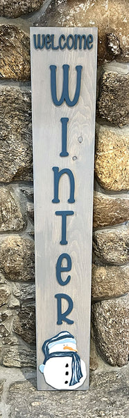 Handcrafted Welcome Winter Snowman Wood Sign - 48" Rustic Gray Leaner