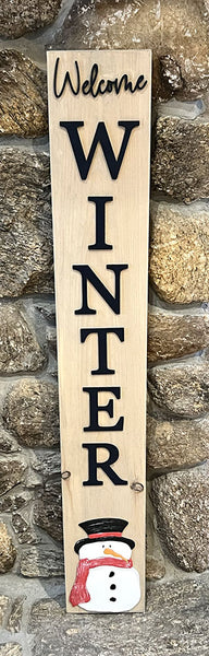 Handcrafted Welcome Winter Snowman Leaner Sign - Briarwood Finish