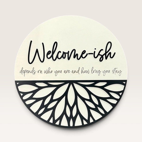 Welcome-ish 18" Round Wood Sign