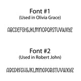 Two different fonts used in names 'Olivia Grace' and 'Robert John' on a white background for birth announcement ornaments