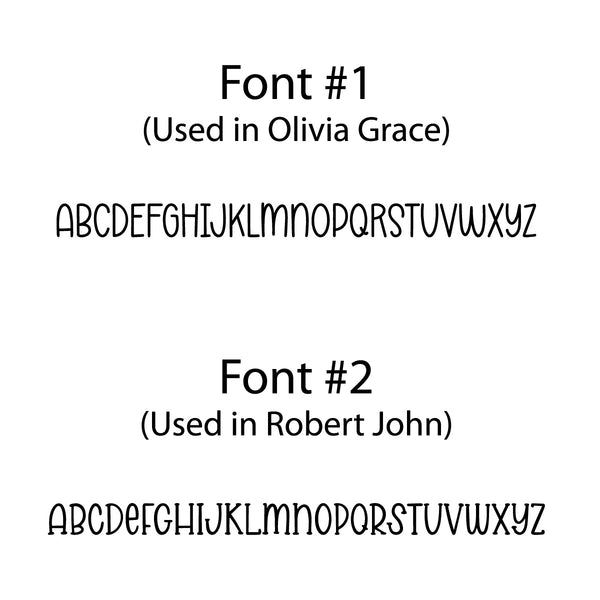 Two different fonts used in names 'Olivia Grace' and 'Robert John' on a white background for birth announcement ornaments
