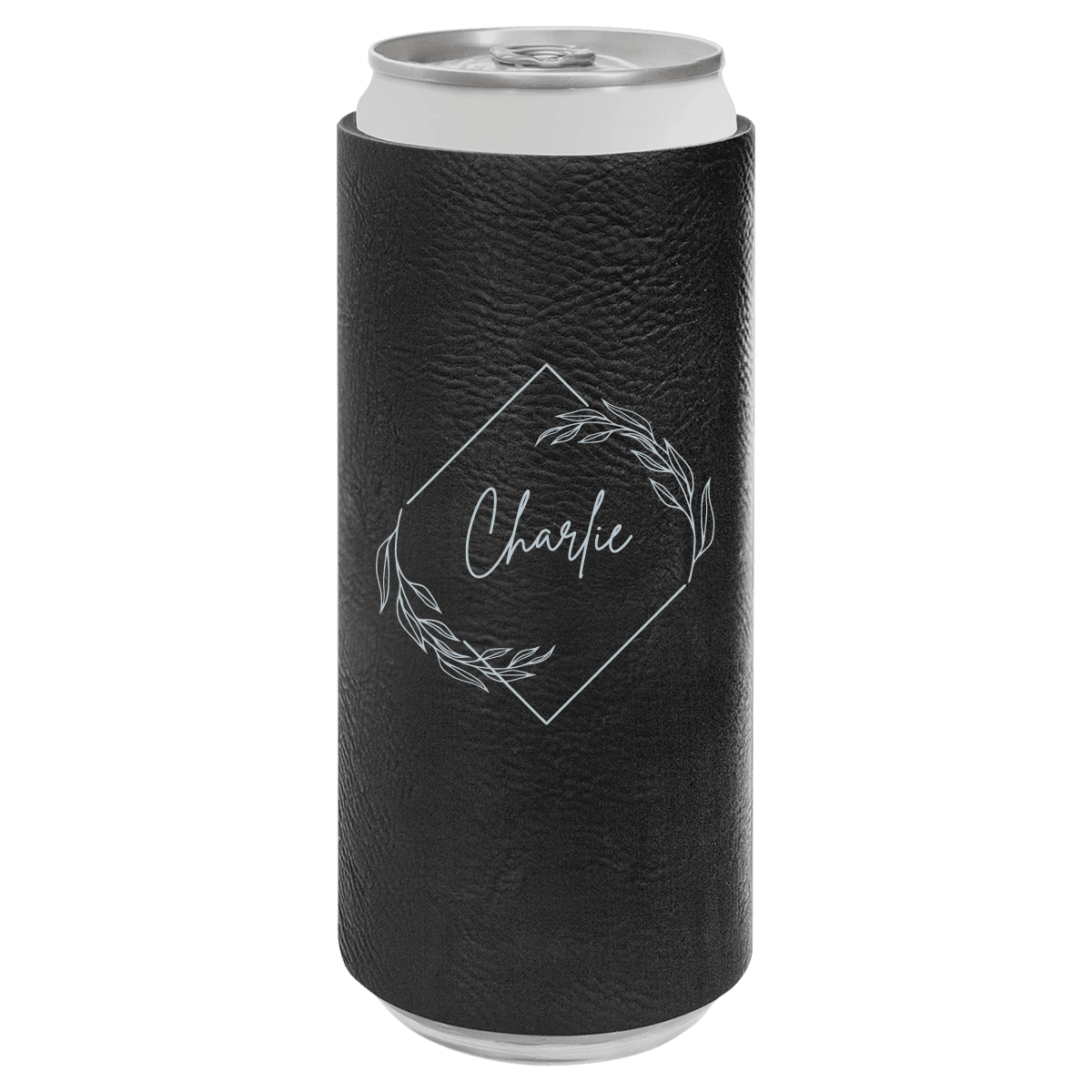 Black can cooler with 'Charlie' branding on a white background