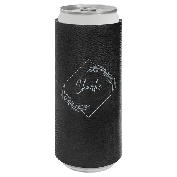 Black can cooler with 'Charlie' branding on a white background