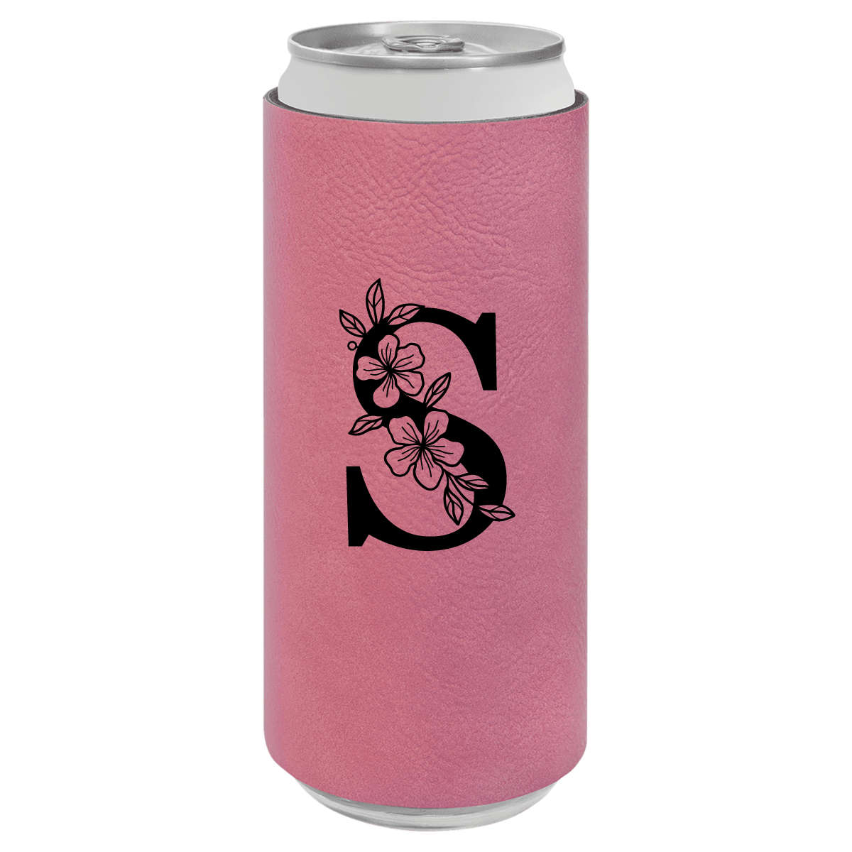 Pink can cooler with a black floral monogram on a white background