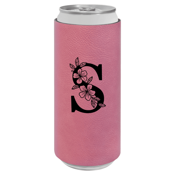 Pink can cooler with a black floral monogram on a white background