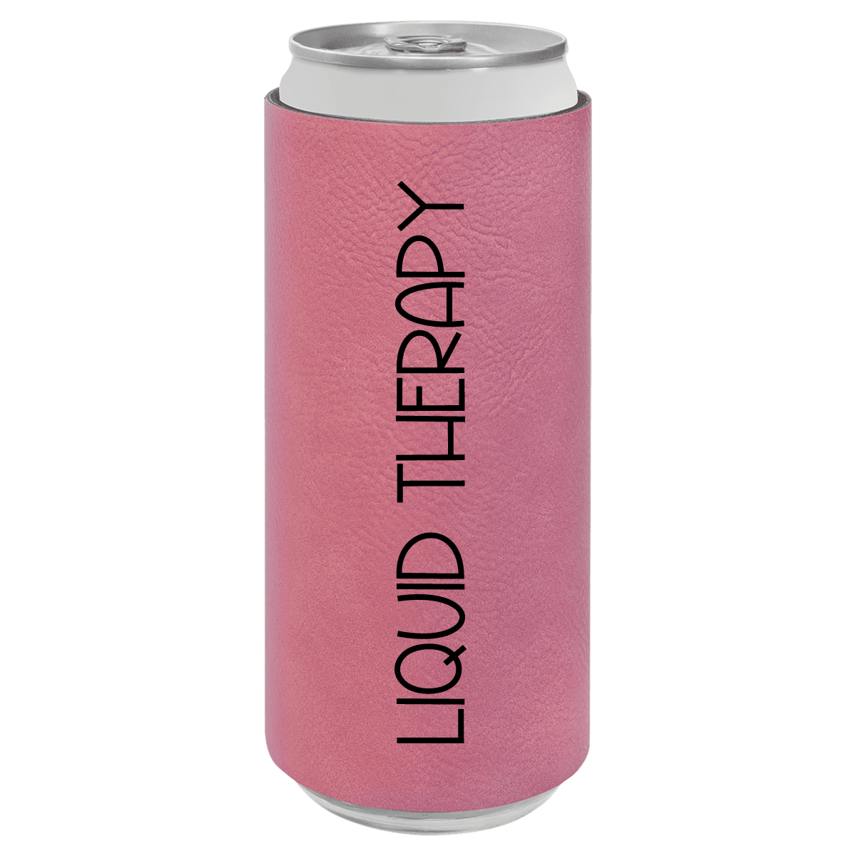 Pink can cooler with 'LIQUID THERAPY' text on a white background