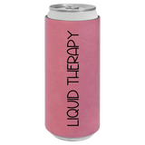 Pink can cooler with 'LIQUID THERAPY' text on a white background