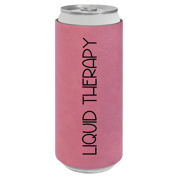 Pink can cooler with 'LIQUID THERAPY' text on a white background