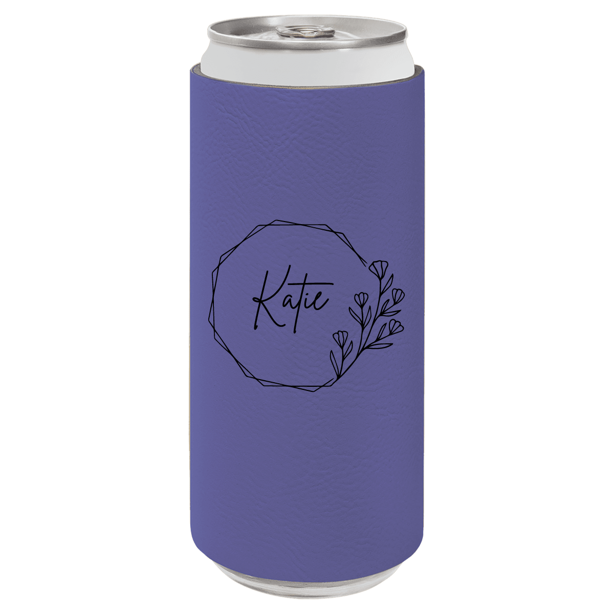 Purple can cooler with 'Katie' and floral design on a white background