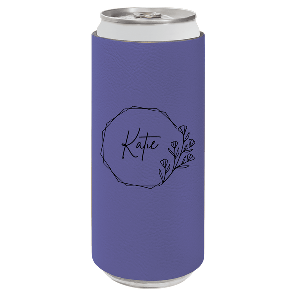 Purple can cooler with 'Katie' and floral design on a white background