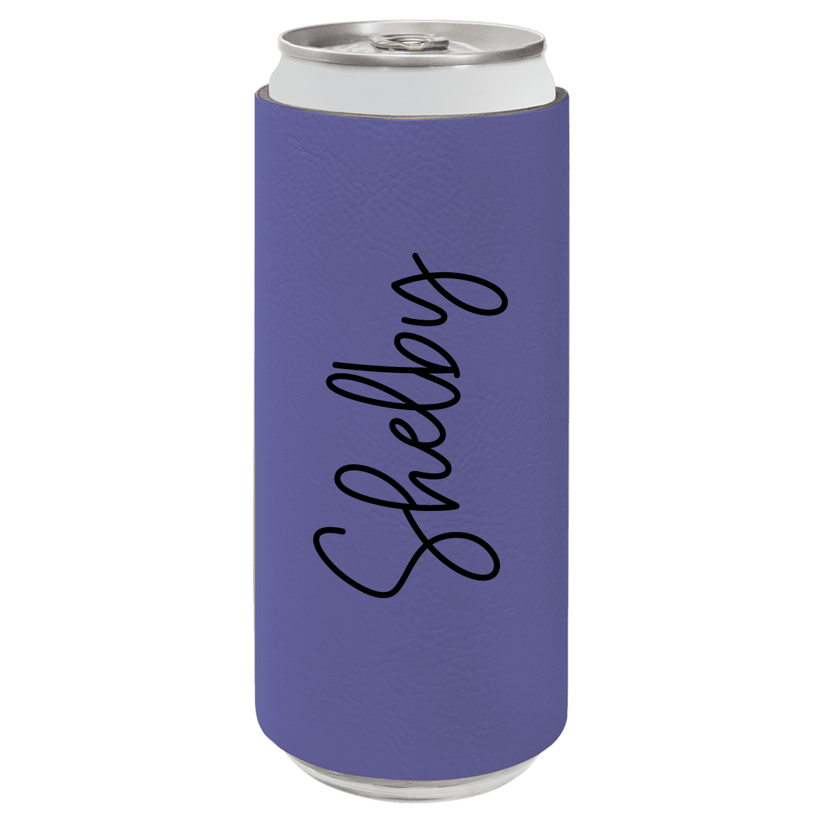 Purple can cooler with 'Shelley' printed on it against a white background
