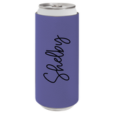 Purple can cooler with 'Shelley' printed on it against a white background