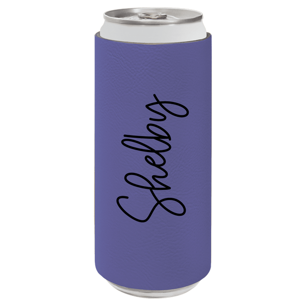 Purple can cooler with 'Shelley' printed on it against a white background