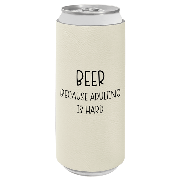 Can with 'Beer because adulting is hard' text on a white background