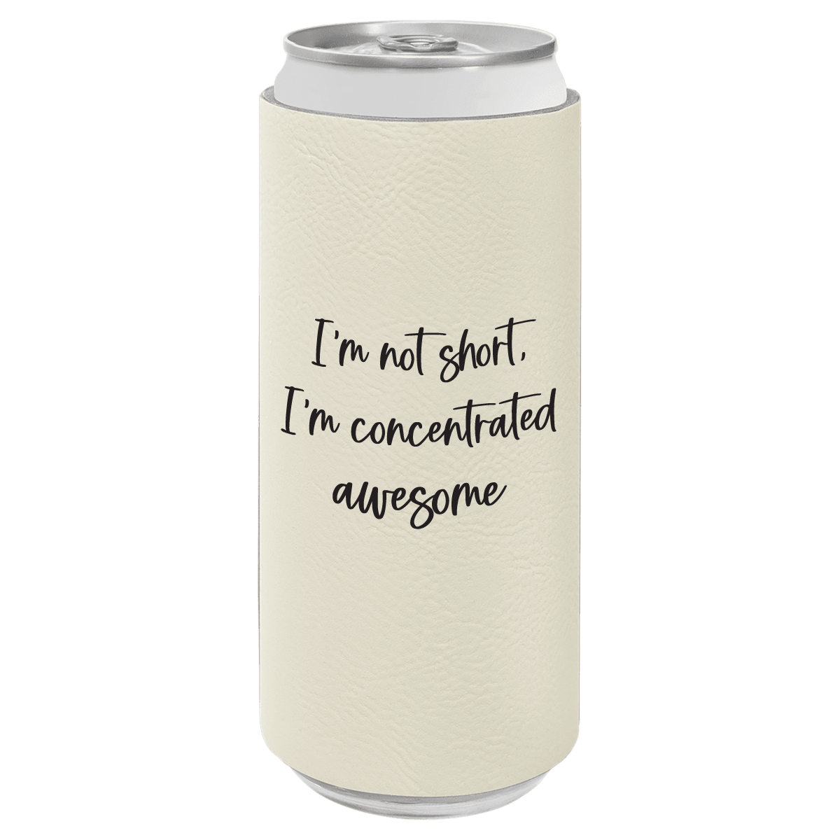 Can with a cream-colored sleeve and black text on a white background