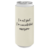 Can with a cream-colored sleeve and black text on a white background