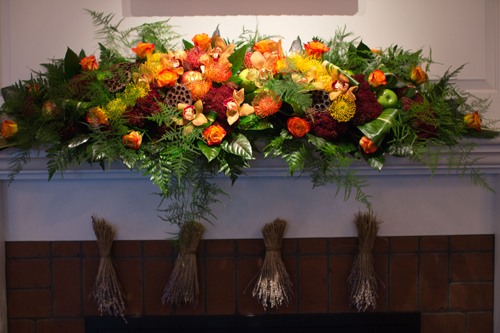 Mantle piece by Katydid Flowers designed for The Knot's Marketing Mixer at Boston Tea Party Ships & Museum.  Photo courtesy of Carly Michelle Photography.