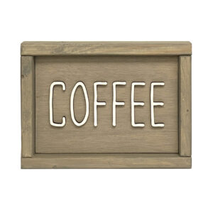 beige wood sign that says Coffee in white lettering