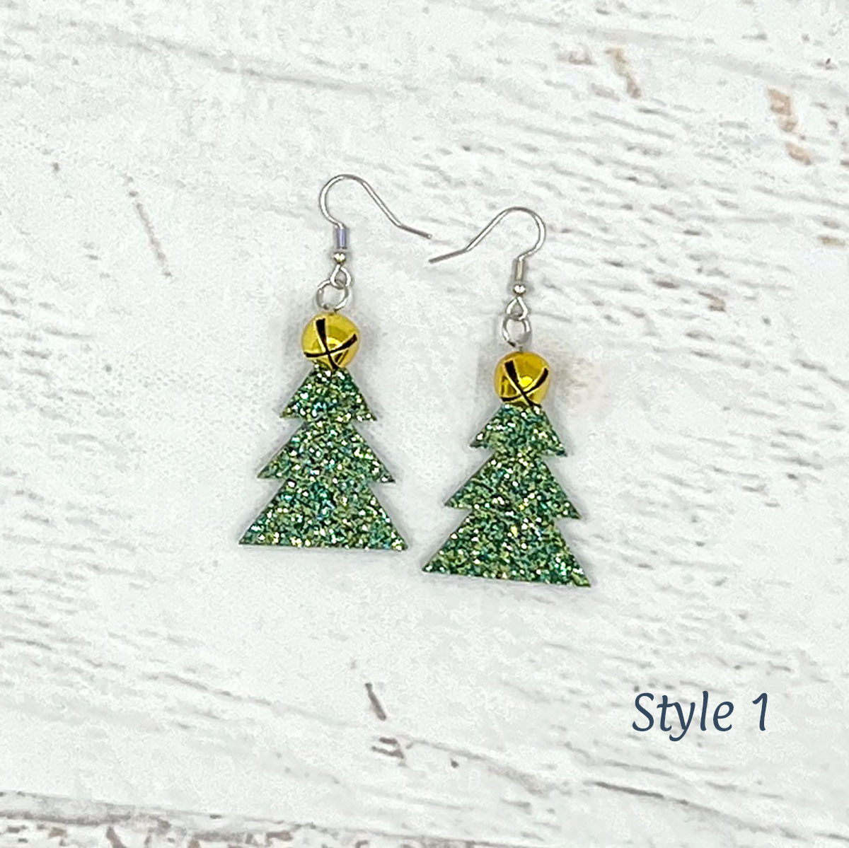 Tree Earrings Green Glitter Style 1