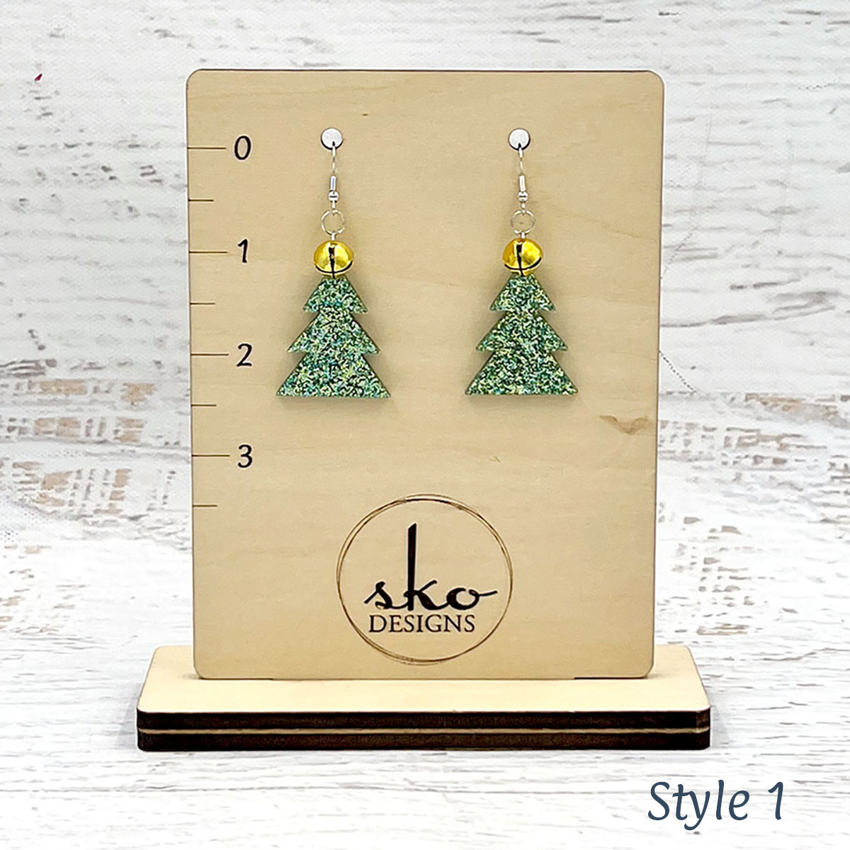 Tree Earrings Green Glitter Style 1