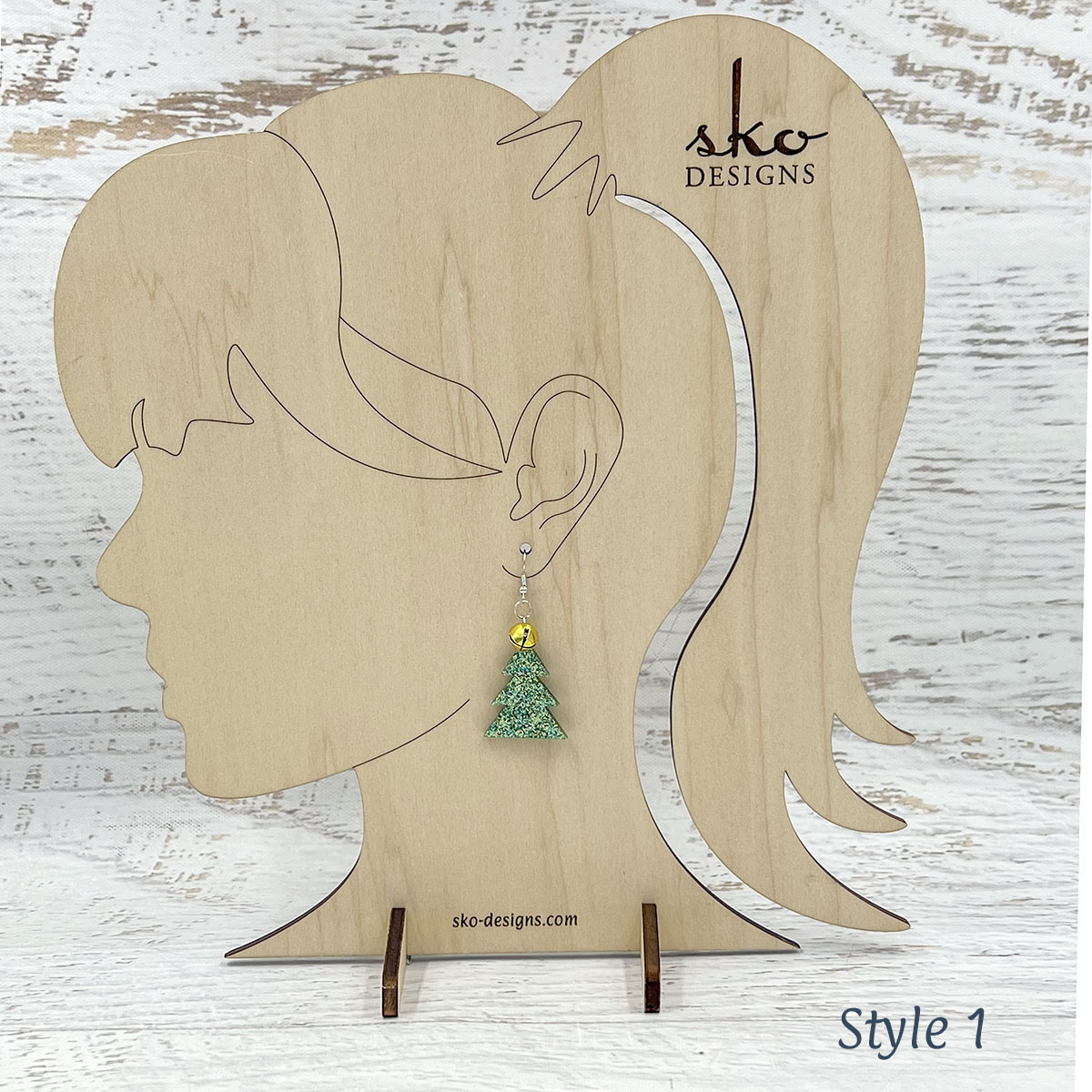 Tree Earrings Green Glitter Style 1