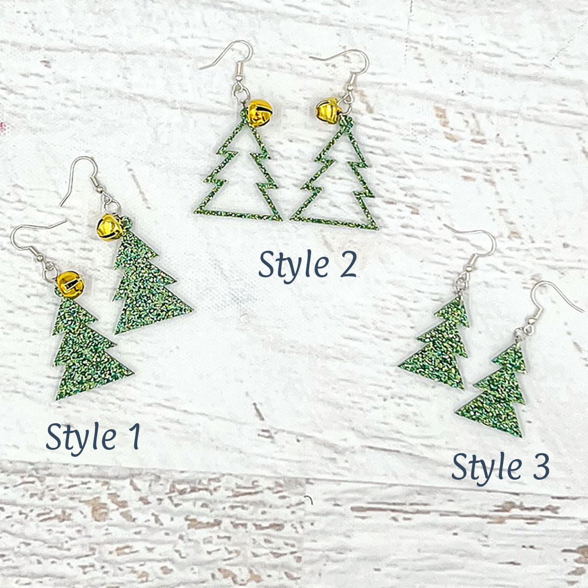 Tree Earrings Green Glitter Style 1, 2 & 3