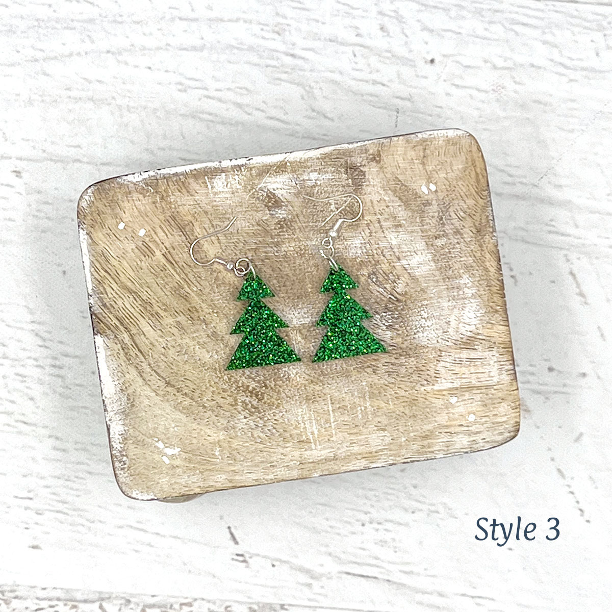 Tree Earrings Shamrock Green Glitter Style 3