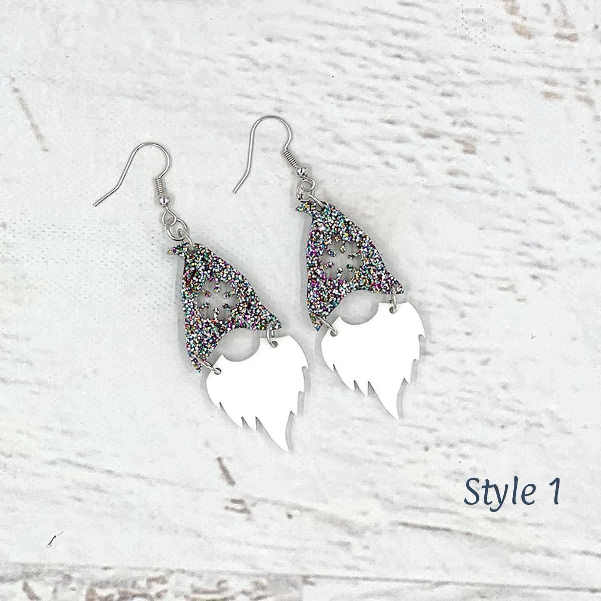 Gnome Earrings Silver Confetti Glitter Style 1