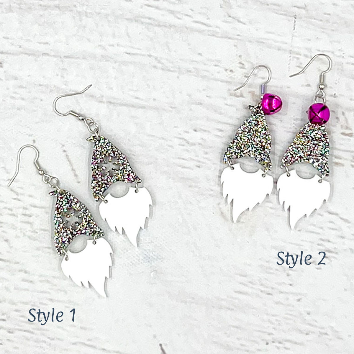 Gnome Earrings Silver Confetti Glitter Style 1 & 2