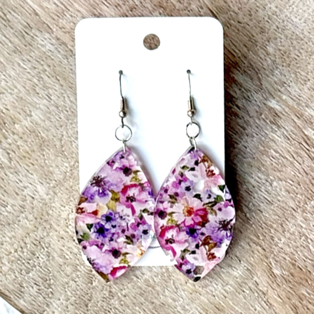 Close up of Floral Purple & Pink Watercolor Acrylic Earrings