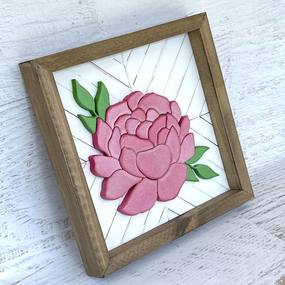 Pink Floral Peony with Mosaic Backer Wood Sign