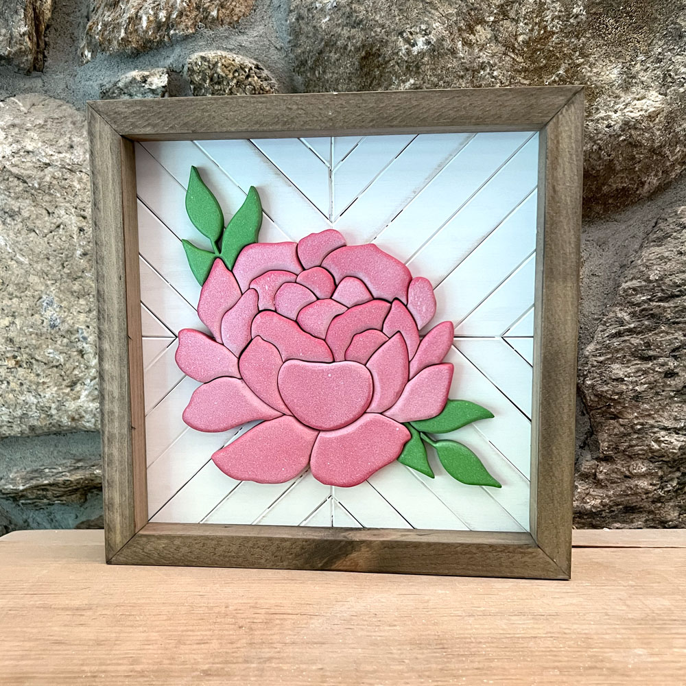 Pink Floral Peony with Mosaic Backer Wood Sign