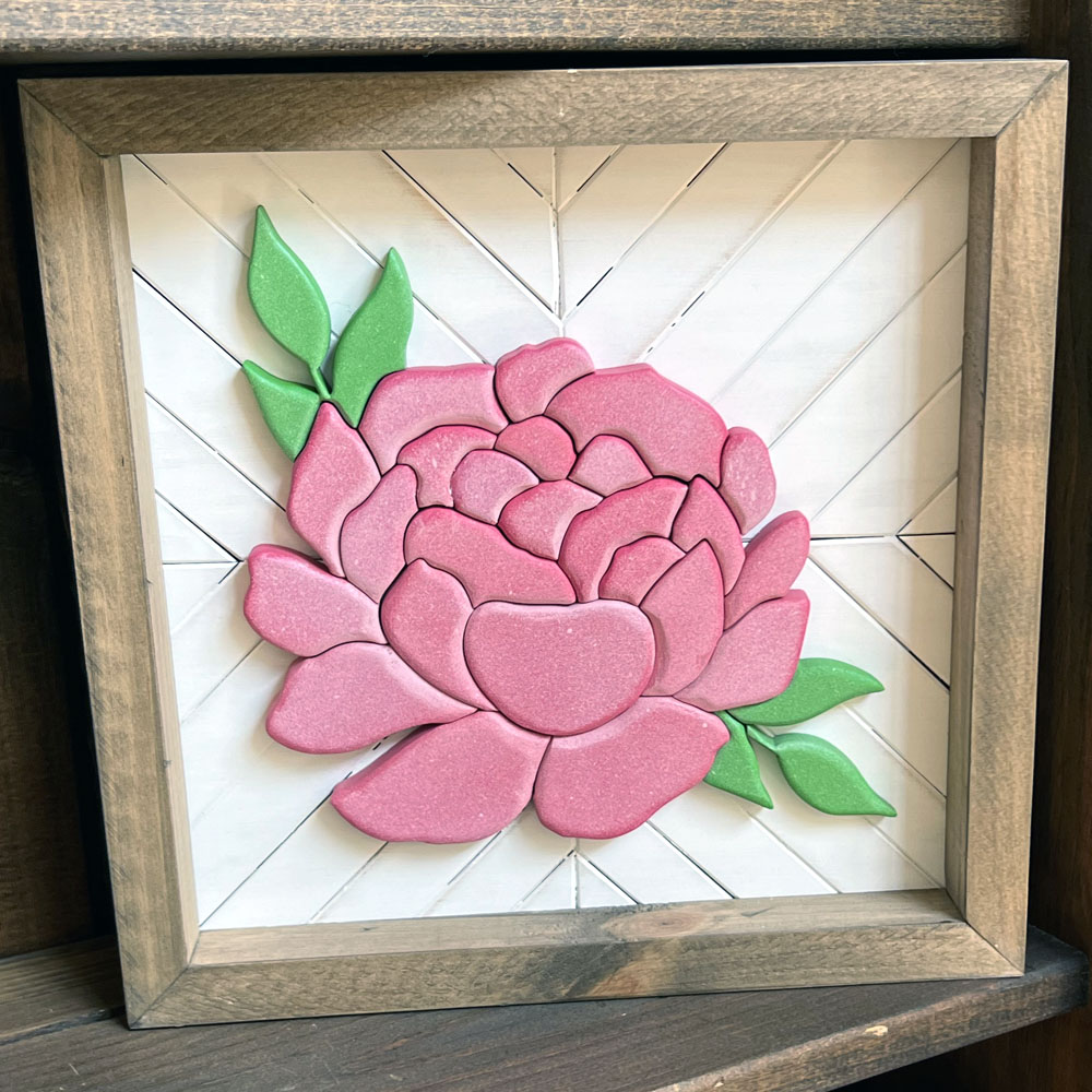 Pink Floral Peony with Mosaic Backer Wood Sign